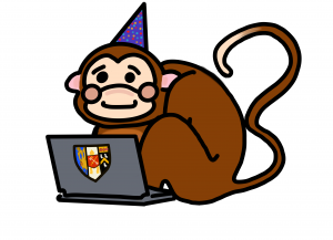 Cartoon monkey, with a party hat, staring at a laptop